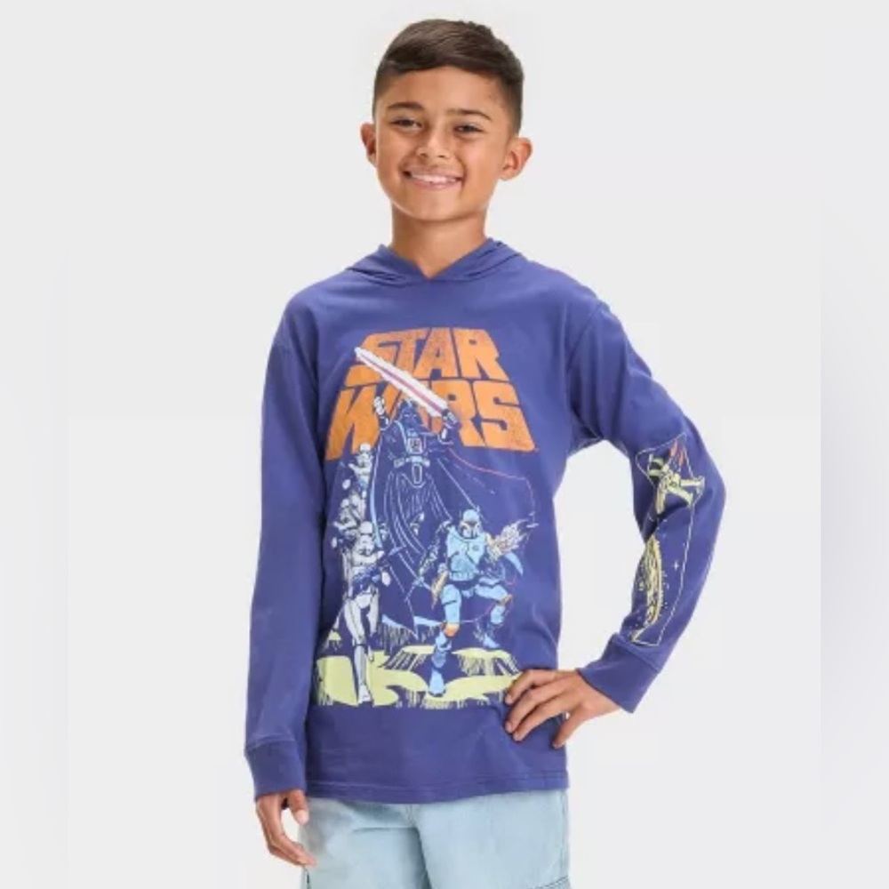 Star Wars Boys Blue Hooded Long Sleeve Graphic T-Shirt - Small